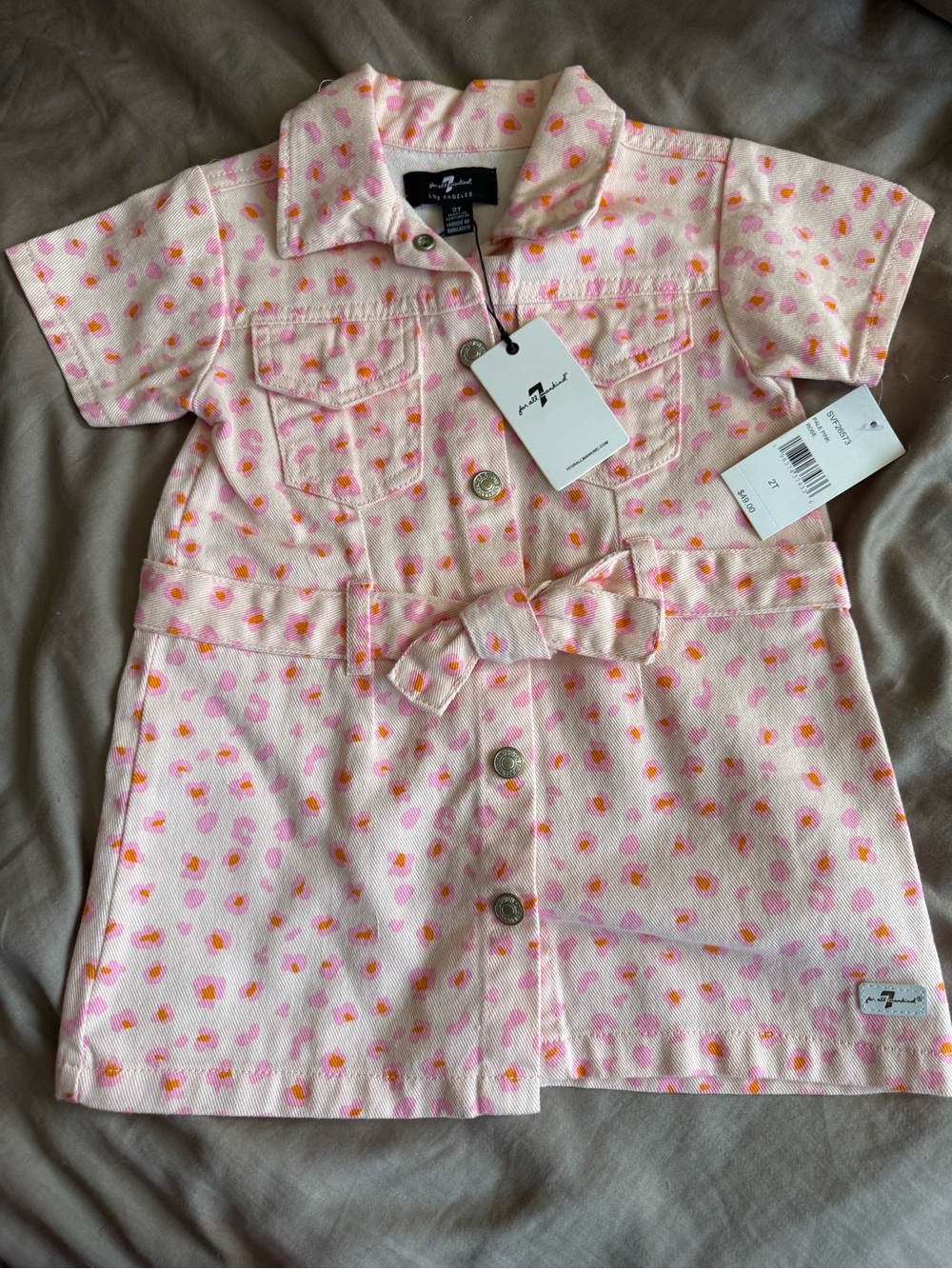 7 for all mankind- Pale Pink and Orange Spot Button-Front Denim Dress with Tie